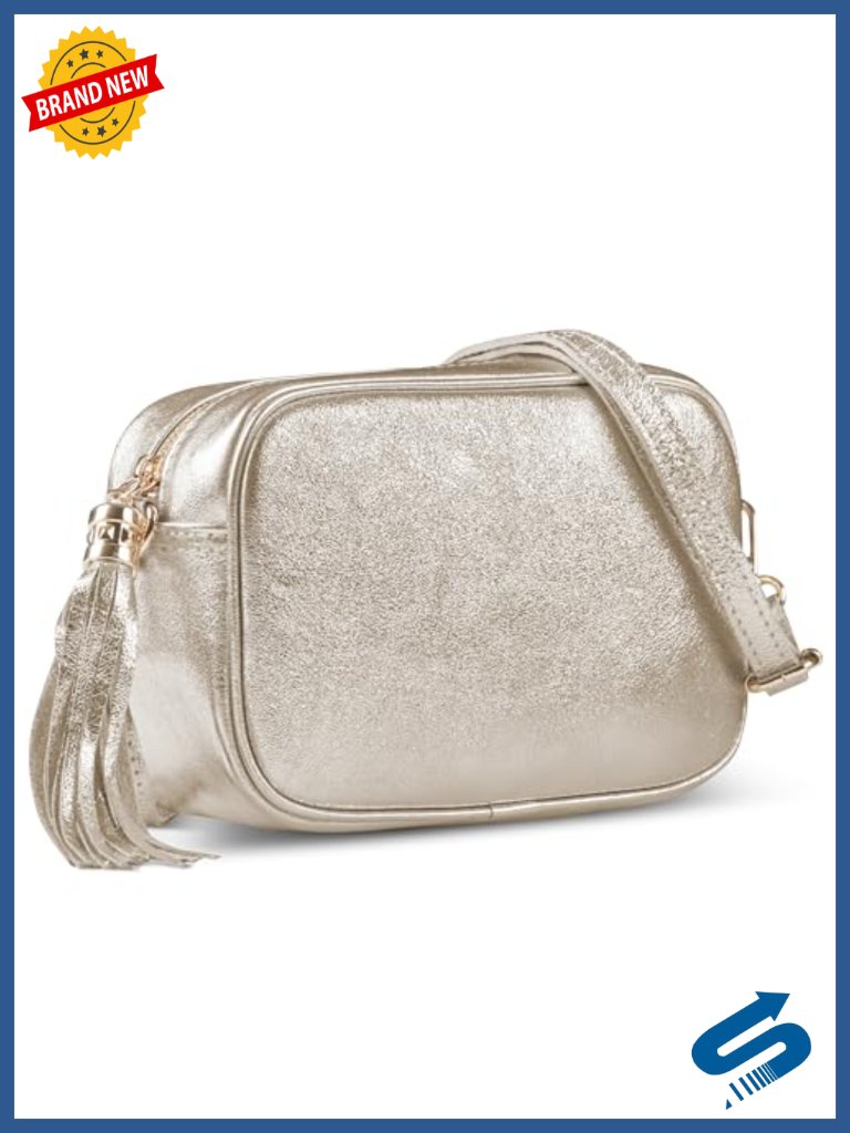 Italian Genuine Metallic Suede Crossbody Bag With Zipper Small Leather Camera